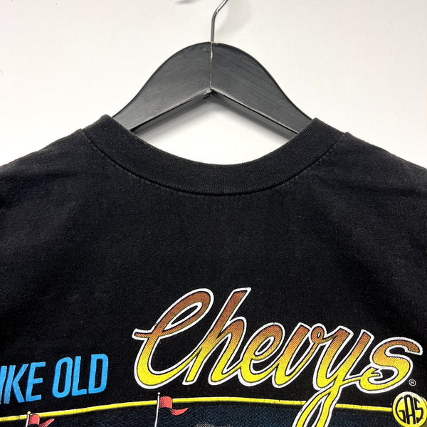 Vintage 90s Old Chevy Cars Graphic Black T-Shirt Size L Racing USA