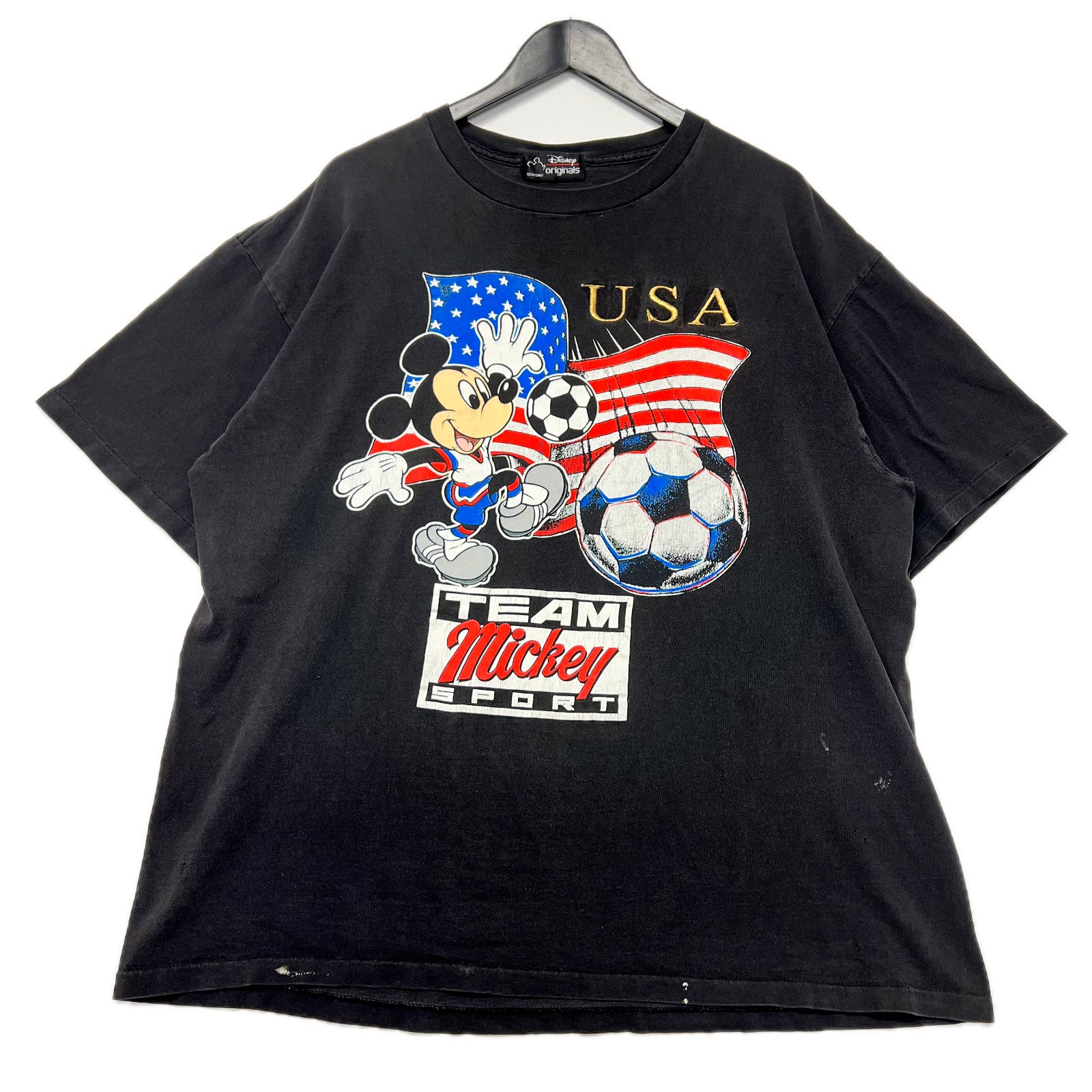 Vintage 90s Team Mickey Mouse USA Flag Soccer Sport Black T-Shirt Size XL