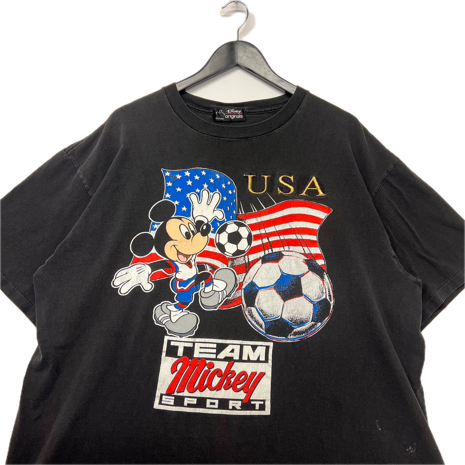 Vintage 90s Team Mickey Mouse USA Flag Soccer Sport Black T-Shirt Size XL