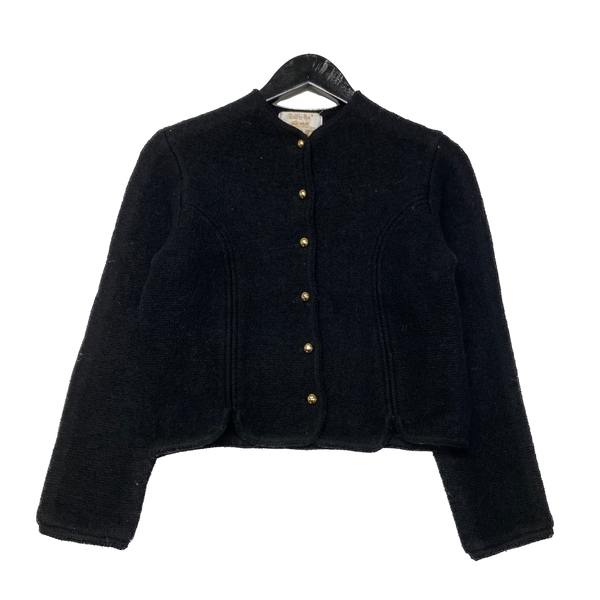 Vintage 80s Womens Cropped Button Up Black Wool Cardigan Size 8