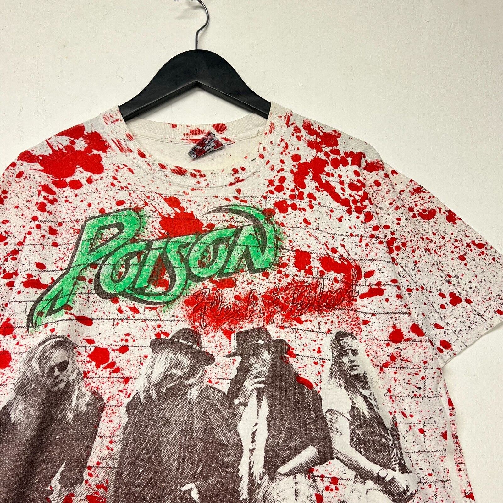 Vintage Poison Band White and Red T-shirt Size L 90s Flesh and Blood AoP